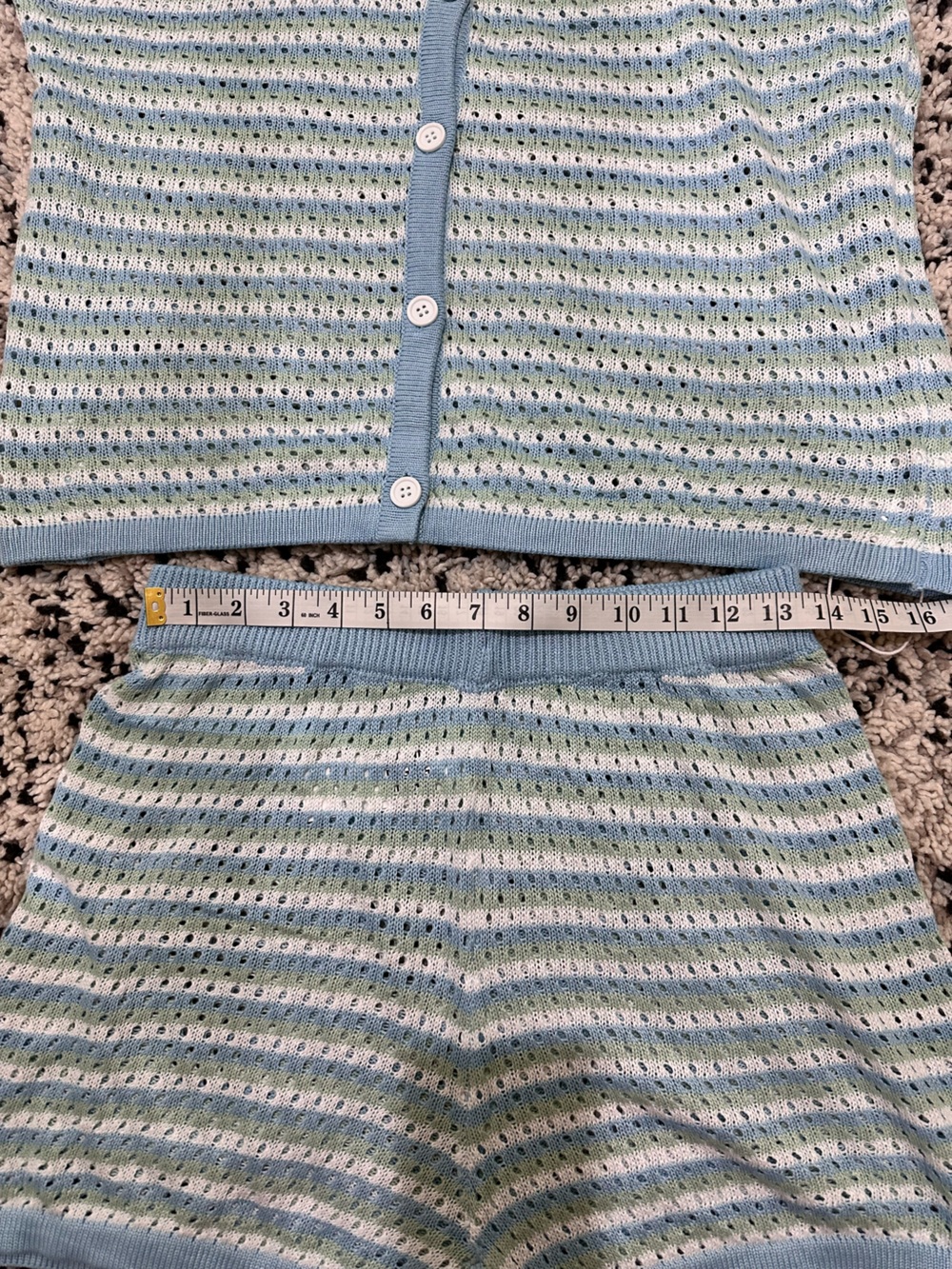 Light Blue Striped Knit Button Cardigan & Shorts Set - Picture 3 of 3